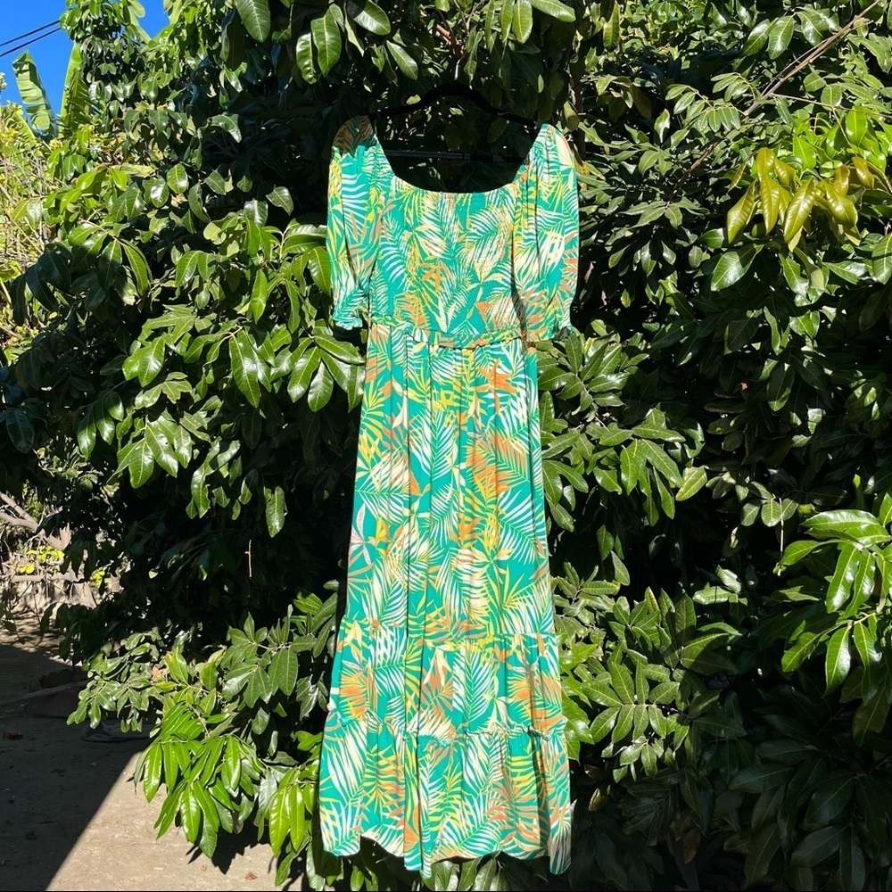 NWOT BETSEY JOHNSON teal green tropical print puff sleeve maxi dress
